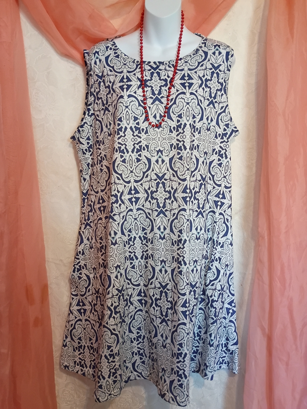 Ladies Blue and White Sleeveless Patterned Swing Dress Sz 2XL